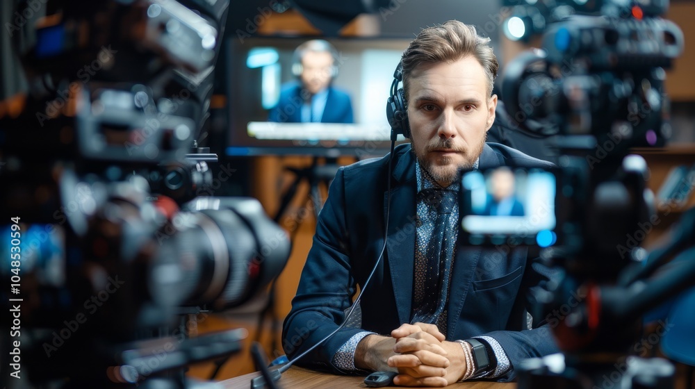 A reporter prepares for a live broadcast in a studio surrounded by cameras and monitors during an evening news segment