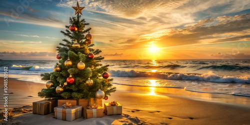 christmas tree on the beach at sunset.A Christmas tree surrounded by presents at the edge of a calm beach, with golden sunlight streaming through the ornaments and surf gently rolling in the backgroun