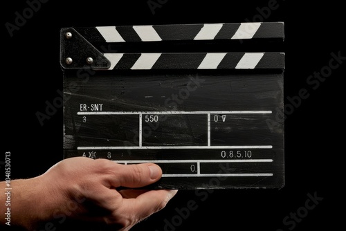 Clapperboard held in hand ready for a film shoot, indicating the start of a movie scene with marked details photo