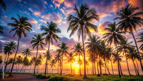 Travel backdrop with coconut palm trees and sunrise in tropical location