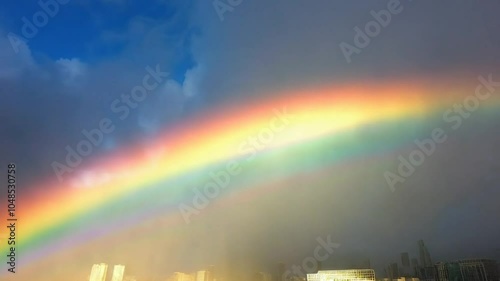 A beautiful rainbow spans the city, and although gray clouds cover the sky in the distance, the sky in the foreground is clear of clouds, and the sun's rays shine down dazzlingly photo