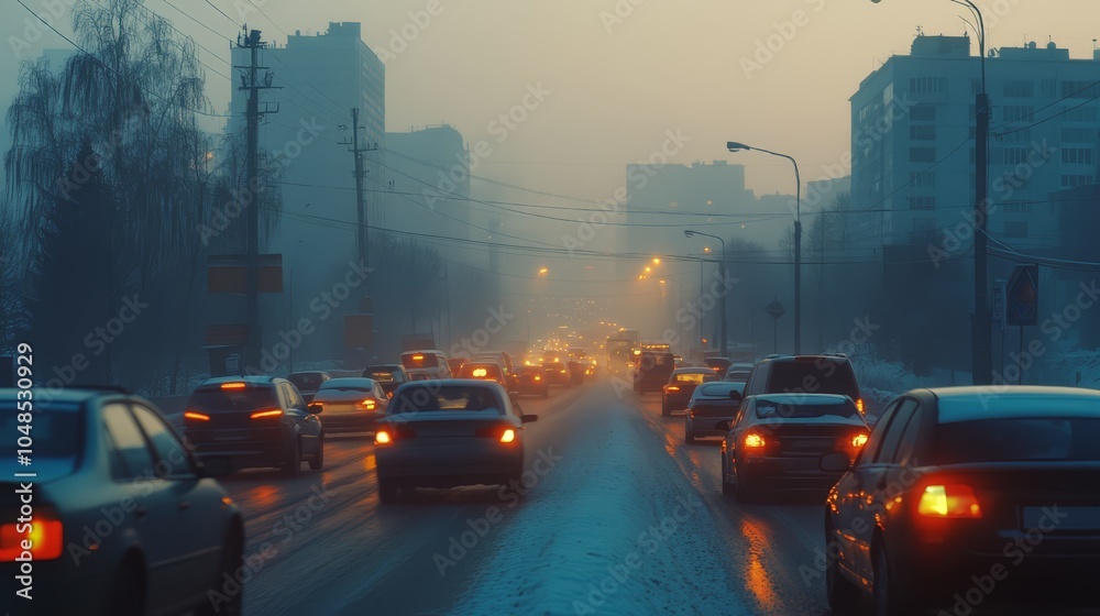 Obraz premium Foggy Evening Traffic in a Urban Environment