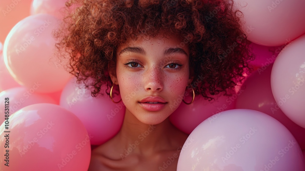 Obraz premium Trendy Young Woman with Pink Bubbles Background