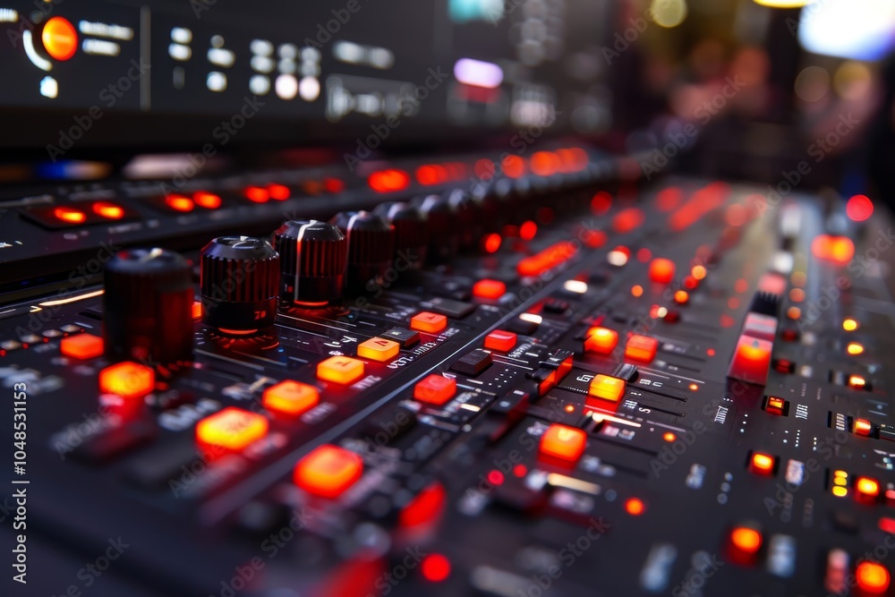Close-up view of a mixing console with illuminated controls in a sound studio during a live music performance at night Close-up view of a mixing console with illuminated controls in a sound studio during a live music performance at night