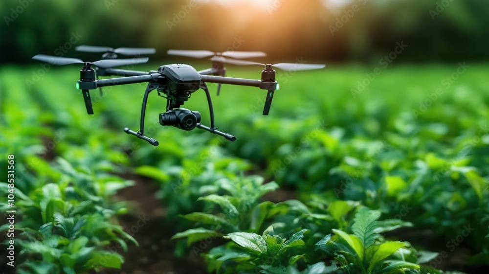 A drone captures aerial views of lush green crops at sunset in a vibrant agricultural field A drone captures aerial views of lush green crops at sunset in a vibrant agricultural field