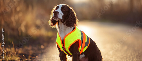 English Springer Spaniel Dog Sporting A Reflective Vest Outdoors
