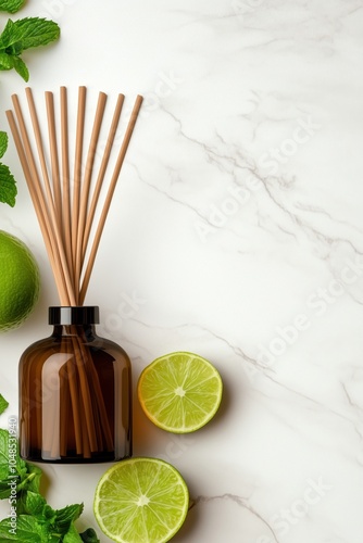 Aromatic diffusion of mint and lime essence on a marble countertop in bright daylight photo