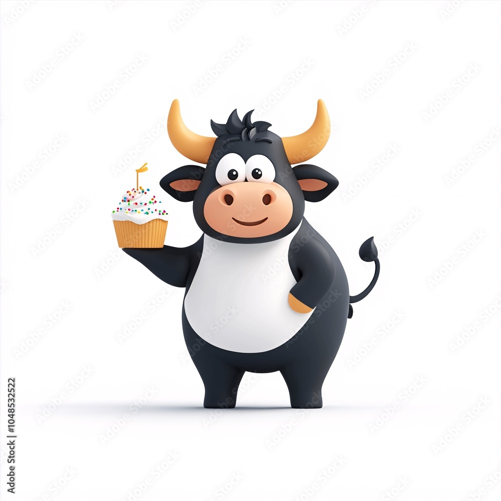 Cute Bull Holding a Small Cake with Frosting Cute Bull Holding a Small Cake with Frosting