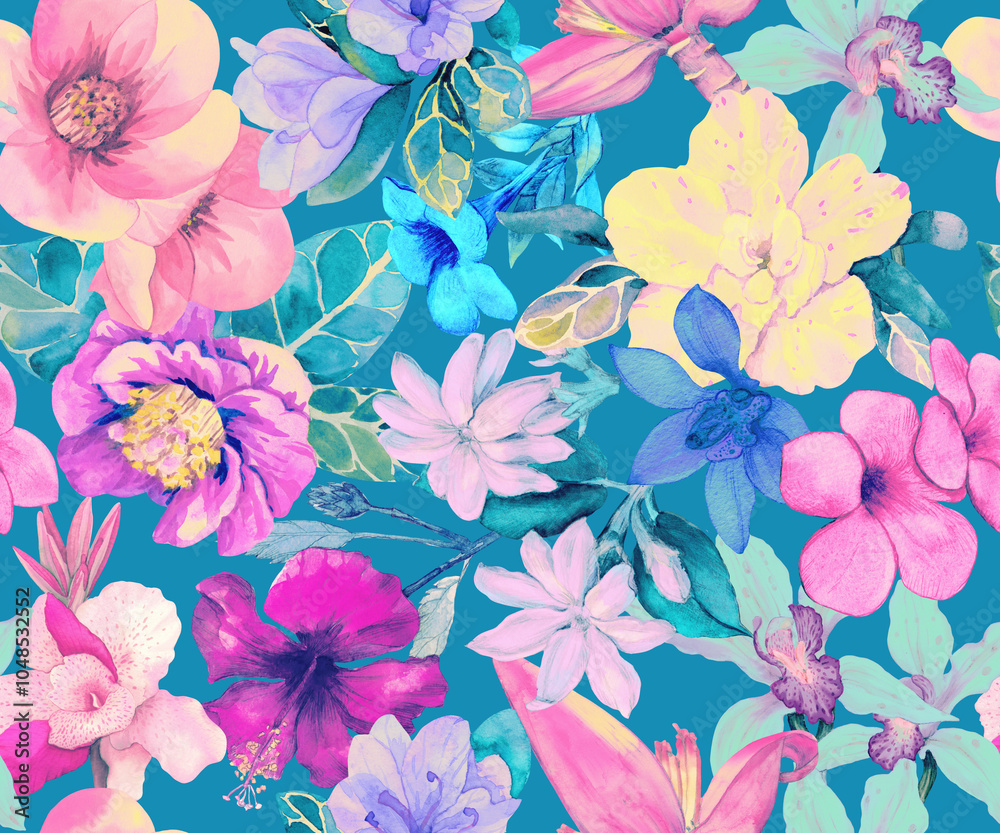 Seamless pattern with tropical flowers drawn in watercolor. Floral background with leaves and flowers. Floral botanical wallpaper. Seamless pattern with tropical flowers drawn in watercolor. Floral background with leaves and flowers. Floral botanical wallpaper.
