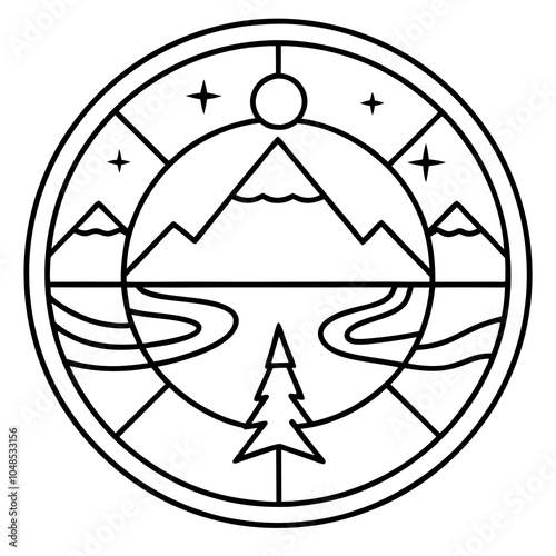 Compass with Surrounding Mountains, Rivers, and Forests – Flat Vector Art