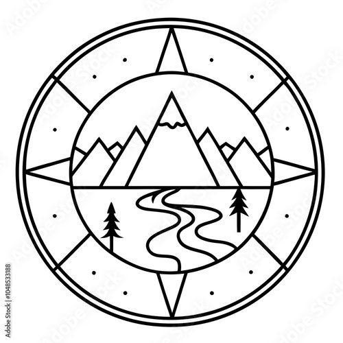 Compass with Surrounding Mountains, Rivers, and Forests – Flat Vector Art