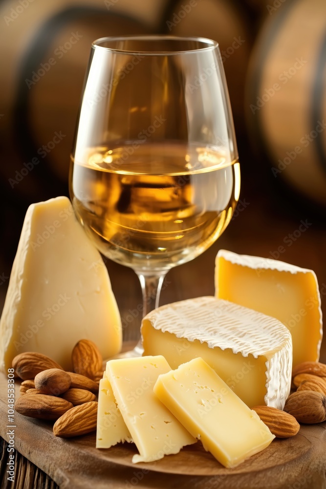 A delightful spread of artisanal cheeses paired with a glass of golden white wine A delightful spread of artisanal cheeses paired with a glass of golden white wine