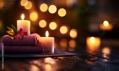 Two lit candles on a wooden table, with a stack of purple towels and a pink flower, with a warm and inviting atmosphere.