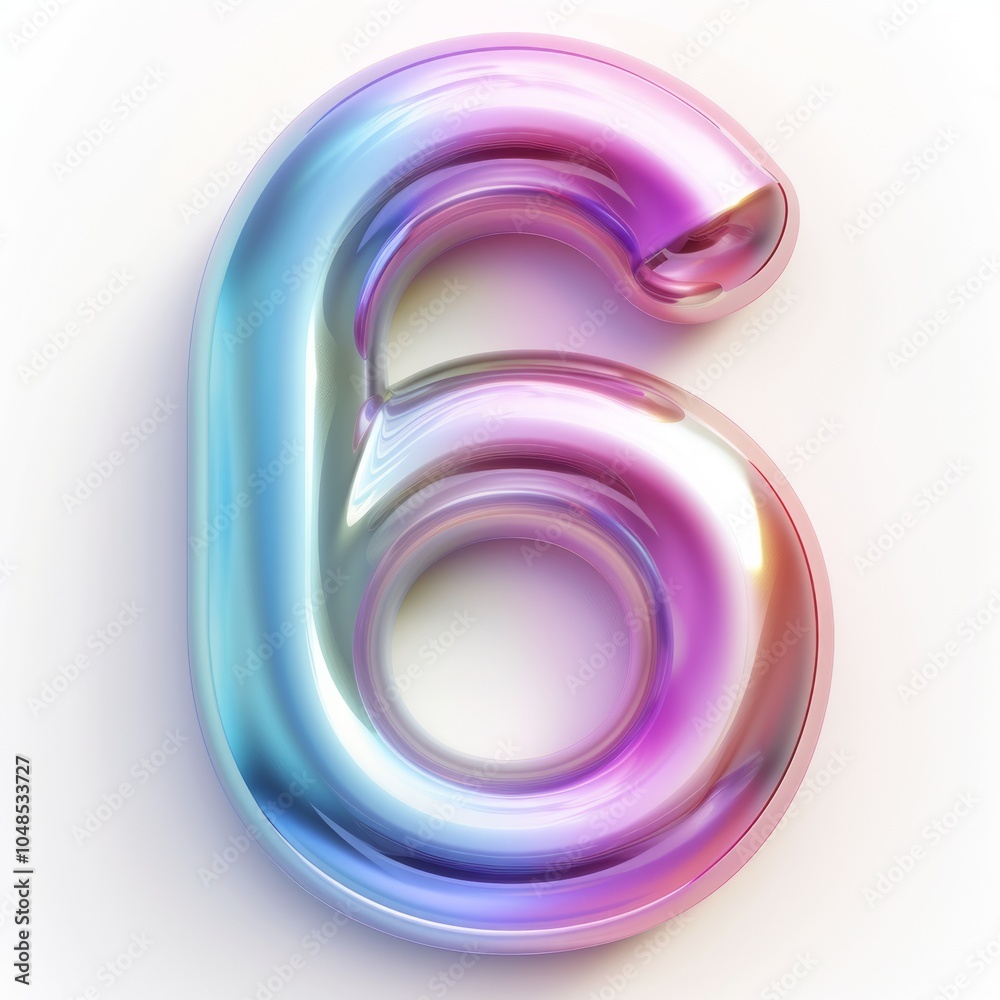 Glossy iridescent number six displayed in vibrant colors against a light backdrop, showcasing a modern aesthetic appeal Glossy iridescent number six displayed in vibrant colors against a light backdrop, showcasing a modern aesthetic appeal