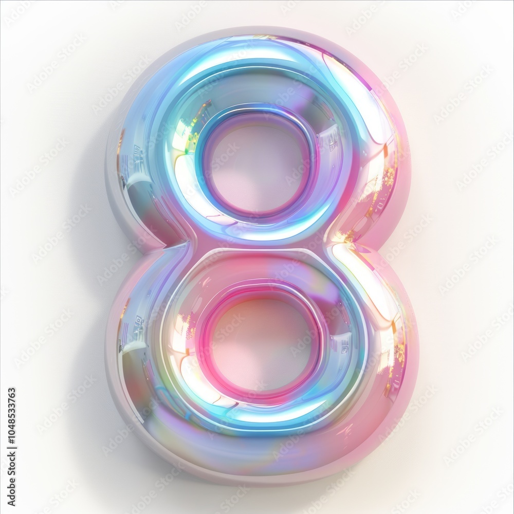 A colorful holographic number eight with sparkling reflections displayed against a plain background A colorful holographic number eight with sparkling reflections displayed against a plain background