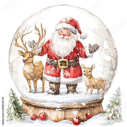 Snow globe with Santa and reindeer, sparkling snow, white background, watercolor style 