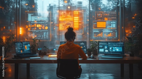 A group of tech-savvy entrepreneurs brainstorming in a minimalist office with transparent digital screens showing futuristic financial projections and AI-driven business strategies.