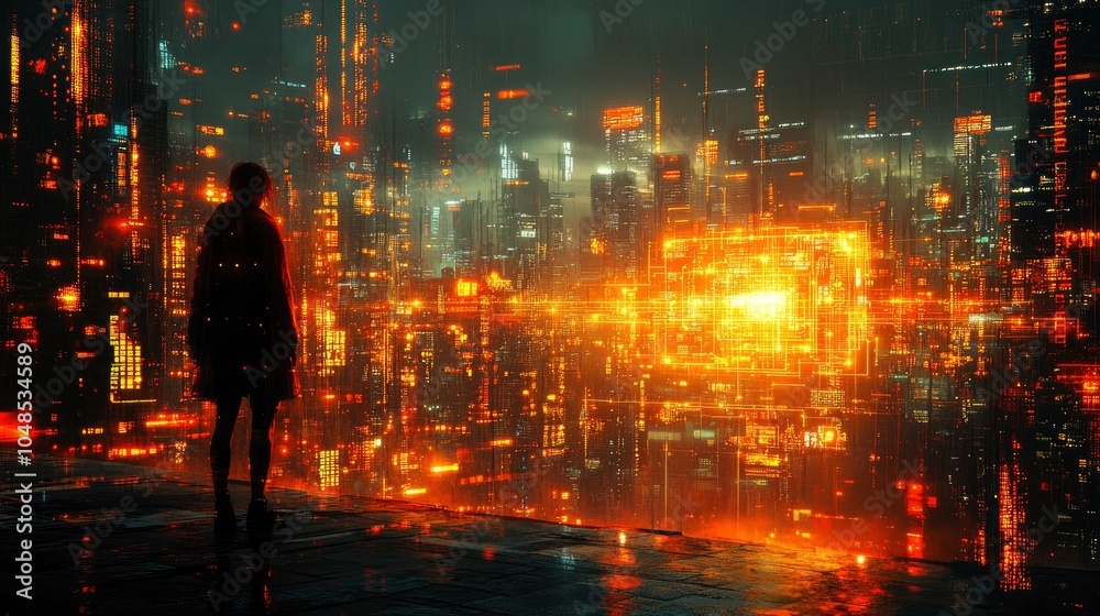 Fototapeta premium A smart grid controlling energy flow in a modern city, powered by a combination of solar, wind, and AI technology, symbolizing economic sustainability.