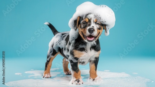 Puppy During Bath Time Surrounded by Soap and Water Bubbles