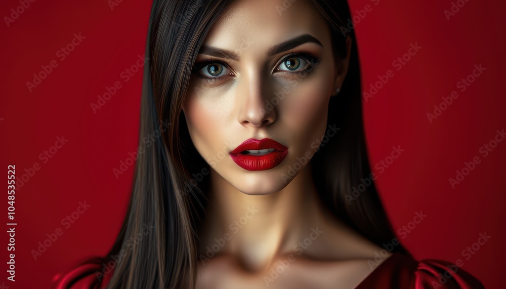 Captivating Portrait of a Model with Bold Makeup Against a Red Background Captivating Portrait of a Model with Bold Makeup Against a Red Background