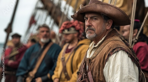 Portrait of a Historical Sailor on a Ship Deck with Crew in Background