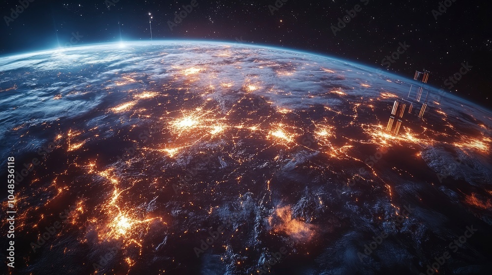 Obraz premium A network of satellites orbiting Earth, providing high-speed internet connectivity to remote regions, symbolizing the role of space technology in the future economy.