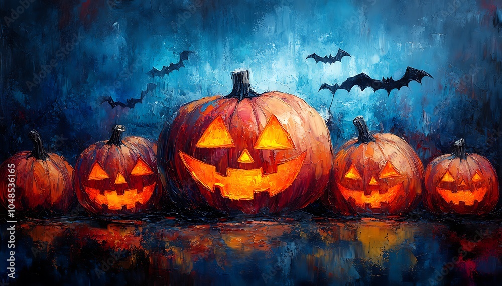 Naklejka premium Group of Pumpkins with Glowing Faces