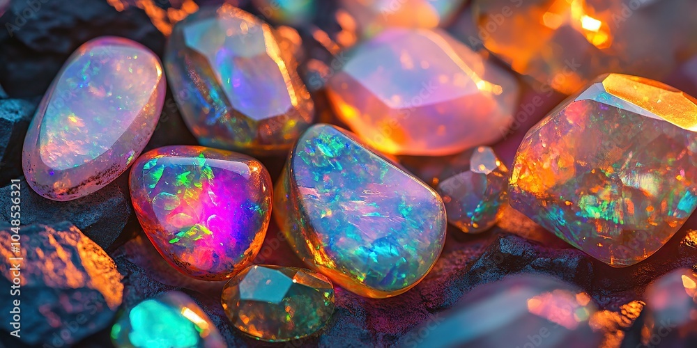 Obraz premium A close-up of colorful, sparkling opal gems in various shapes and size