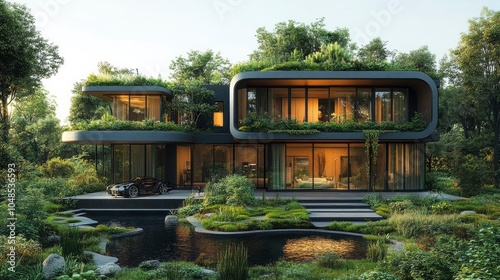 A renewable energy-powered futuristic community with electric vehicles, green spaces, and smart homes, representing a sustainable economy of the future.