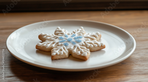 Elegant Snowflake Cookie on Wooden Plate - Intricately Decorated Christmas Cookie with White Icing and Blue Sugar Crystals for Festive Winter Celebrations