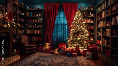 Holiday decorated room with bookshelves, teddy bears, festive Christmas tree, red drapes, presents on the floor. Holidy eve with warm lighting. Wallpaper, poster, banner, background