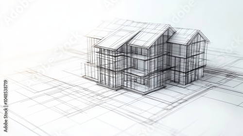 Wireframe model of a house on blueprint