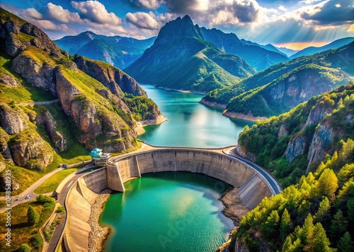 Vidraru Dam Romania Aerial Panoramic View - Reservoir Lake & Fararas Mountains photo