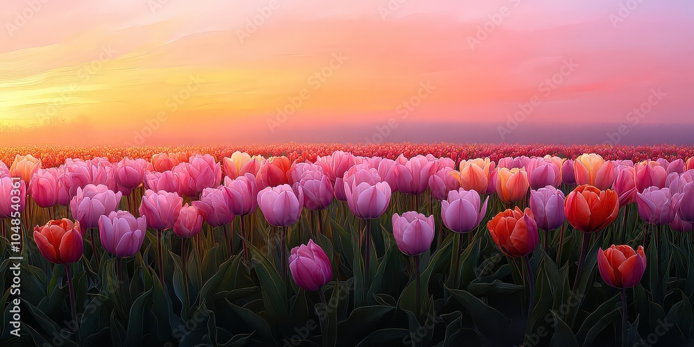 Field of pastel-colored tulips at dawn, soft pink, peach, and lavender flowers gently illuminated by warm rising sunlight. Field of pastel-colored tulips at dawn, soft pink, peach, and lavender flowers gently illuminated by warm rising sunlight.