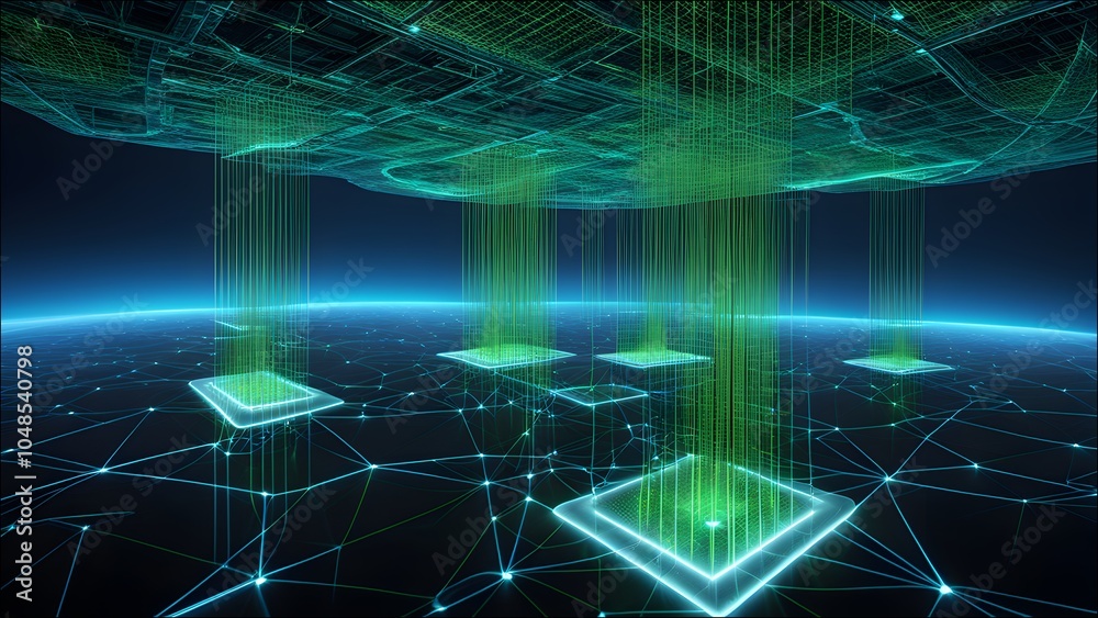 Obraz premium A futuristic AI visualization that highlights pattern recognition, showing intricate digital patterns emerging from data points in a dark, high-tech environment.