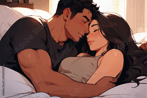 Both individuals, a man and a woman, are lying together on the bed, cuddling
