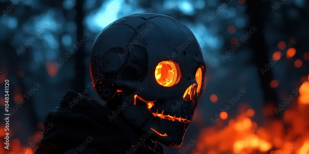 Fiery skull with glowing eyes in a dark forest setting, creating an eerie, mystical ambiance perfect for Halloween or dark fantasy themes. Fiery skull with glowing eyes in a dark forest setting, creating an eerie, mystical ambiance perfect for Halloween or dark fantasy themes.