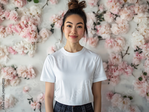 Asian woman in messy bun hair and white t-shirt mockup on a floral background 