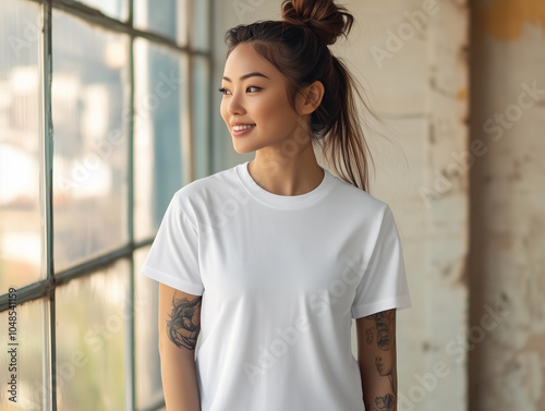 Asian woman in white t-shirt and tattoos poses in industrial room background 