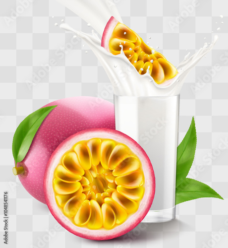 A glass of fresh passion fruit yogurt or milkshake. Cup of cocktail or milk with ripe exotic passion fruit, isolated on transparent background. Realistic 3d vector illustration