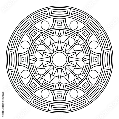Black and White Outline Coloring Page of Mandala - Easy Mandalas Hand Drawn Pattern With Intricate Details,including Triangles, Squares, and Circles