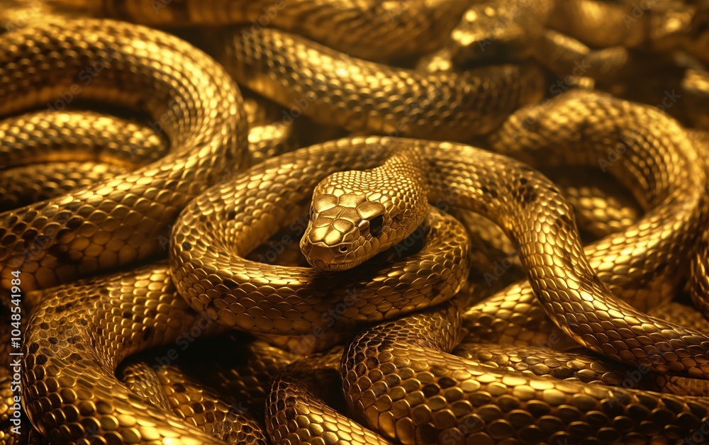 Obraz premium Abstract close-up of golden snakes intertwined, creating a luxurious and mysterious texture. Ideal for luxury, art, or design themes.