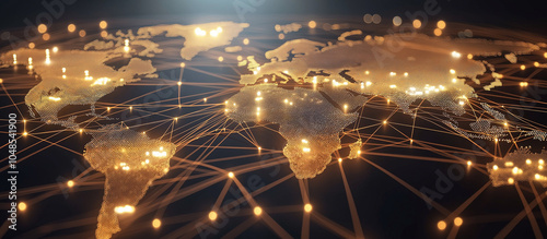 Interactive global network analysis with glowing connections and network nodes across a world map