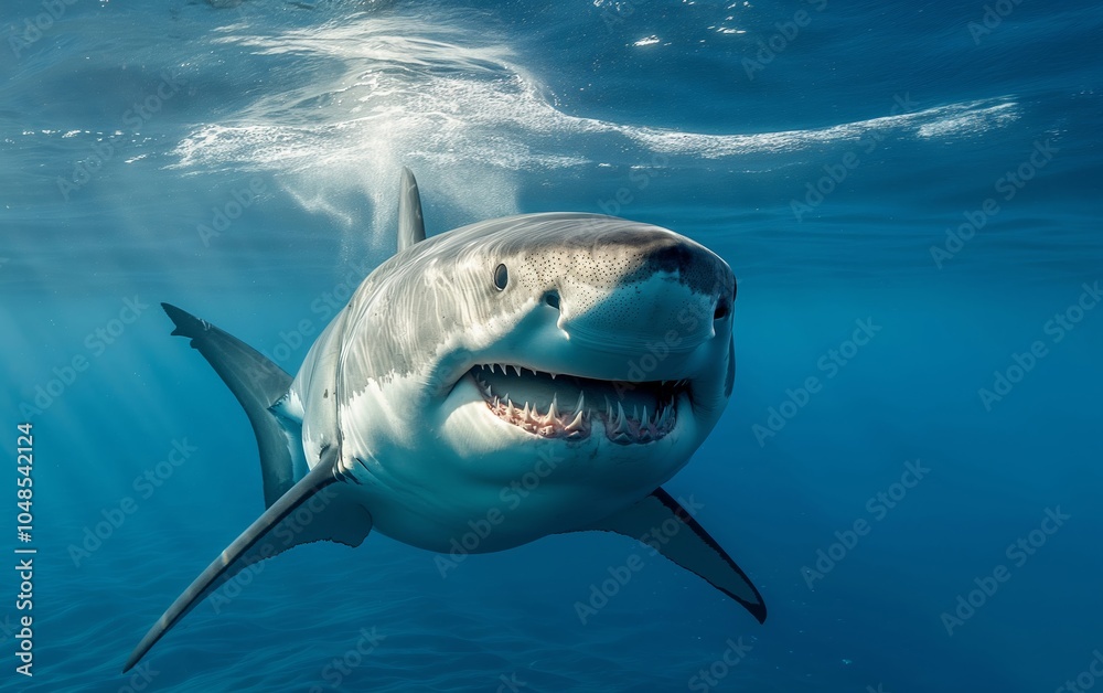 Obraz premium A powerful great white shark (Carcharodon carcharias) surfacing with open jaws, showcasing sharp teeth and intense energy. Perfect for marine life or wildlife themes.