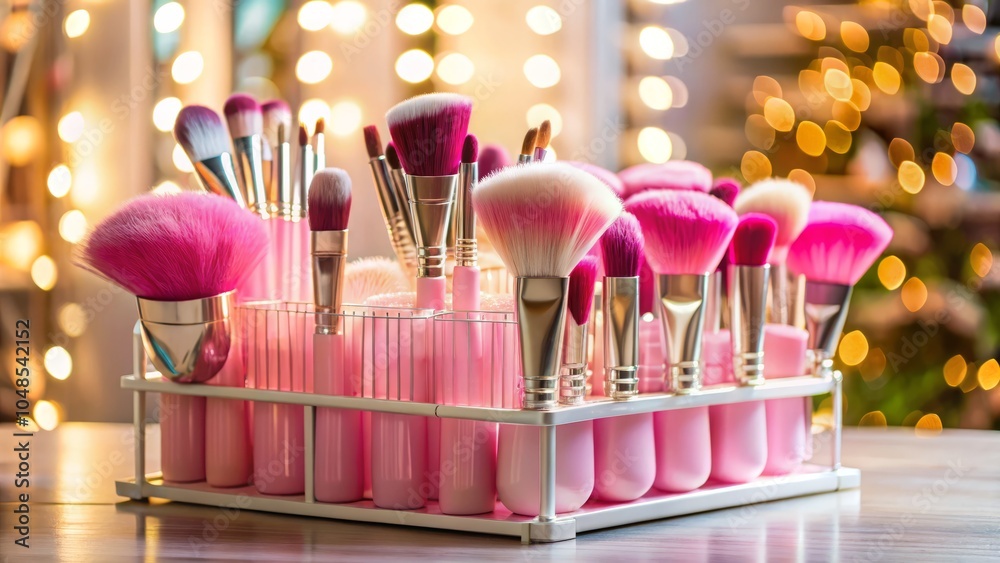 Elegant Pink Makeup Brush Drying Rack with Vibrant Brushes - Fashion Photography, Beauty Essentials, Makeup Organization, Stylish Display, Chic Accessories, Makeup Artistry Elegant Pink Makeup Brush Drying Rack with Vibrant Brushes - Fashion Photography, Beauty Essentials, Makeup Organization, Stylish Display, Chic Accessories, Makeup Artistry