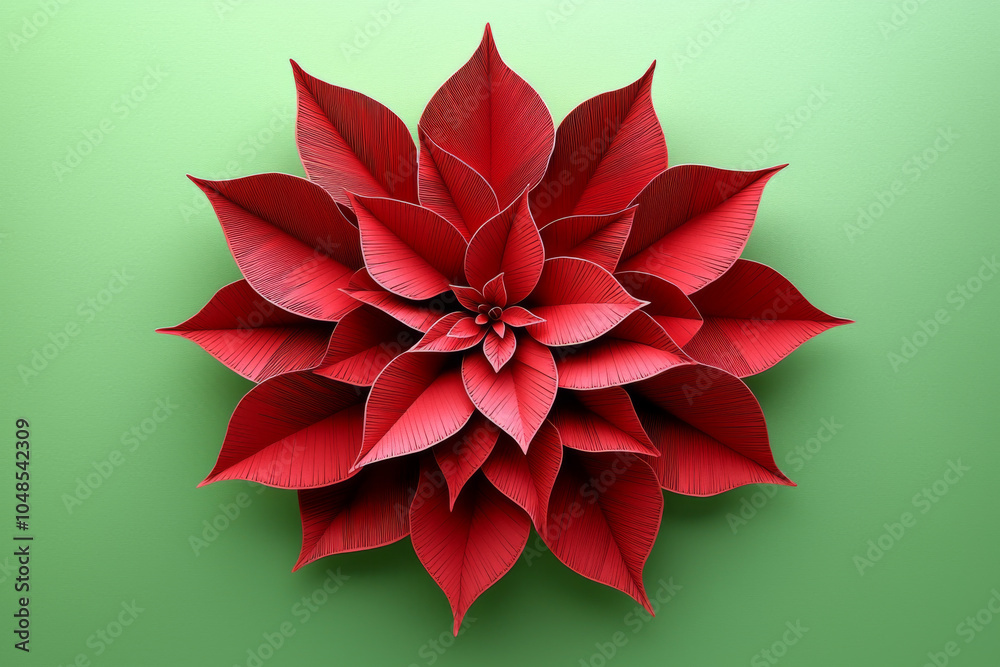 A vibrant red plant with large, pointed leaves arranged in a floral pattern against a soft green background.