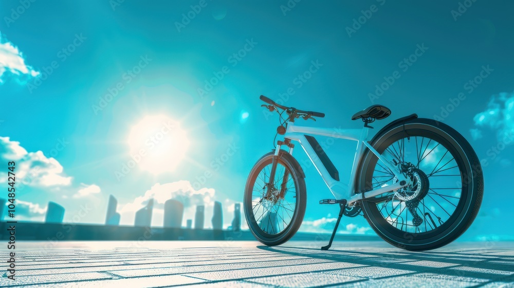 Fototapeta premium White Electric Bicycle Parked on a City Street with a Blue Sky and Sun