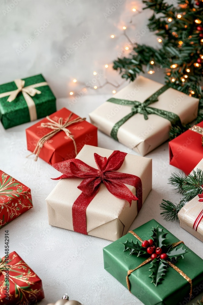 Holiday gift boxes wrapped in colorful paper and ribbons, placed on a white studio floor Holiday gift boxes wrapped in colorful paper and ribbons, placed on a white studio floor