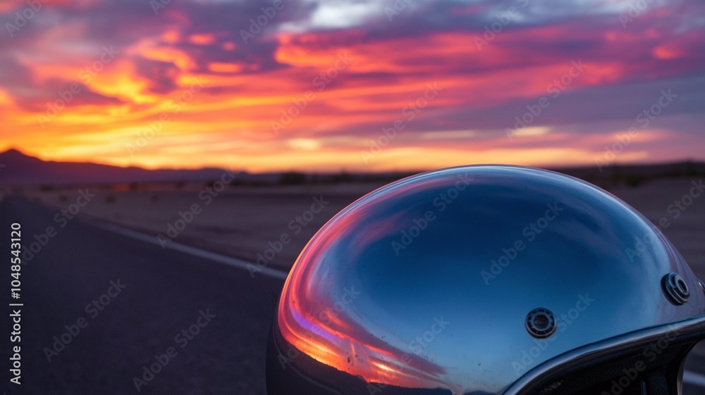 Fototapeta premium Helmet Reflecting Sunset Colors on Desert Road