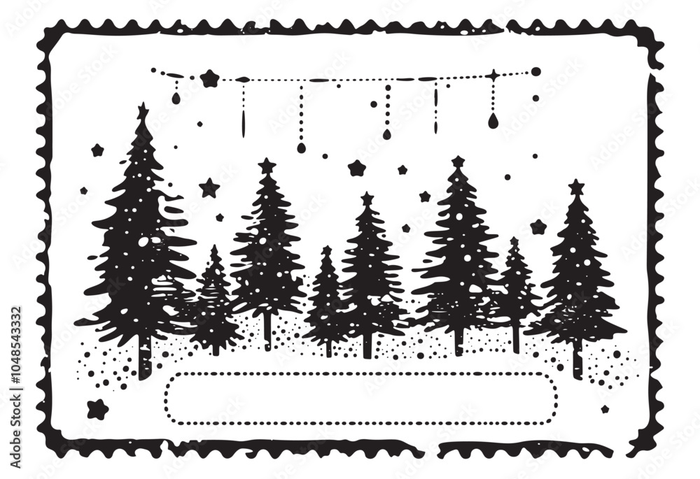 Obraz premium Rubber stamp Christmas, New Year composition. Vintage postal stamp, simple textured silhouettes of fir trees, snowflakes, frame for text. Nature wintertime landscape. Black white vector illustration.